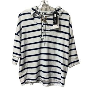 Chaser Olsenn Hoodie Top Women medium White/Navy Striped Brushed Knit Hi Low NEW